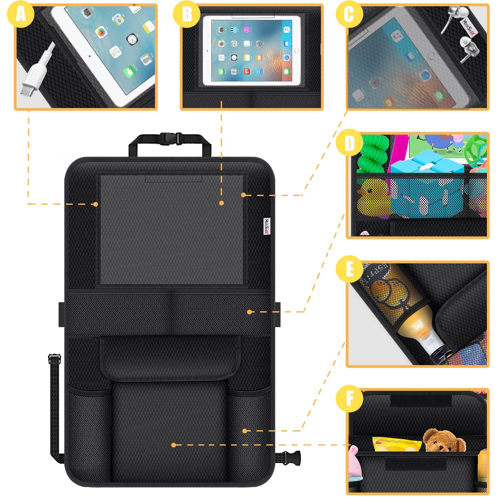 Meolsaek kick mats seatback organizer with pockets keeps toys within reach.