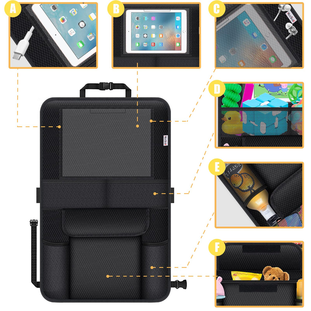Meolsaek kick mats seatback organizer with pockets keeps toys within reach.