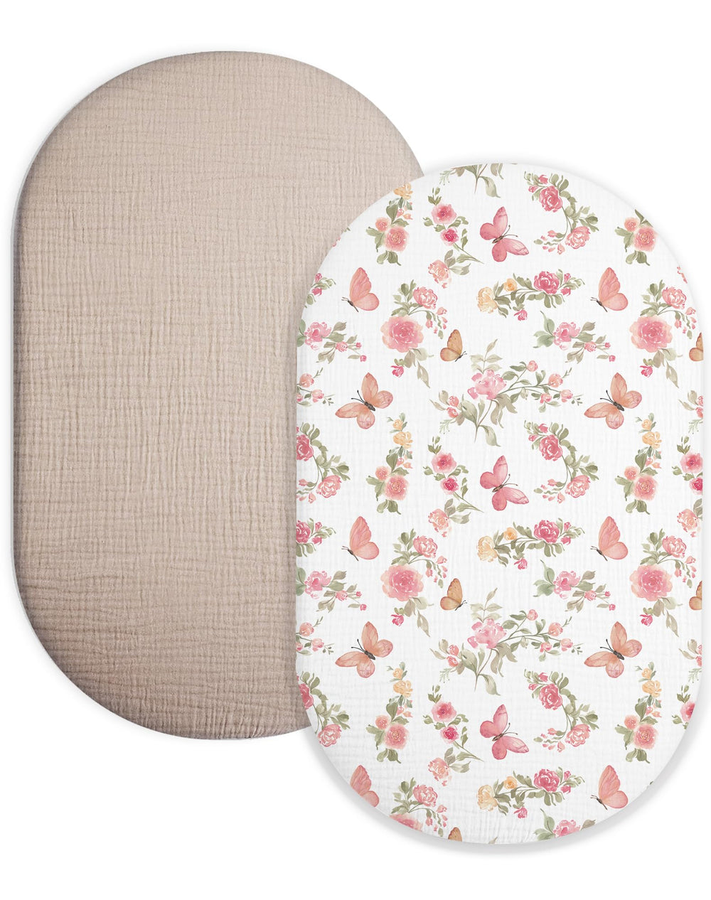 Meowcards bassinet sheet butterfly beige close-up—soft muslin promotes gentle sleep for newborns.
