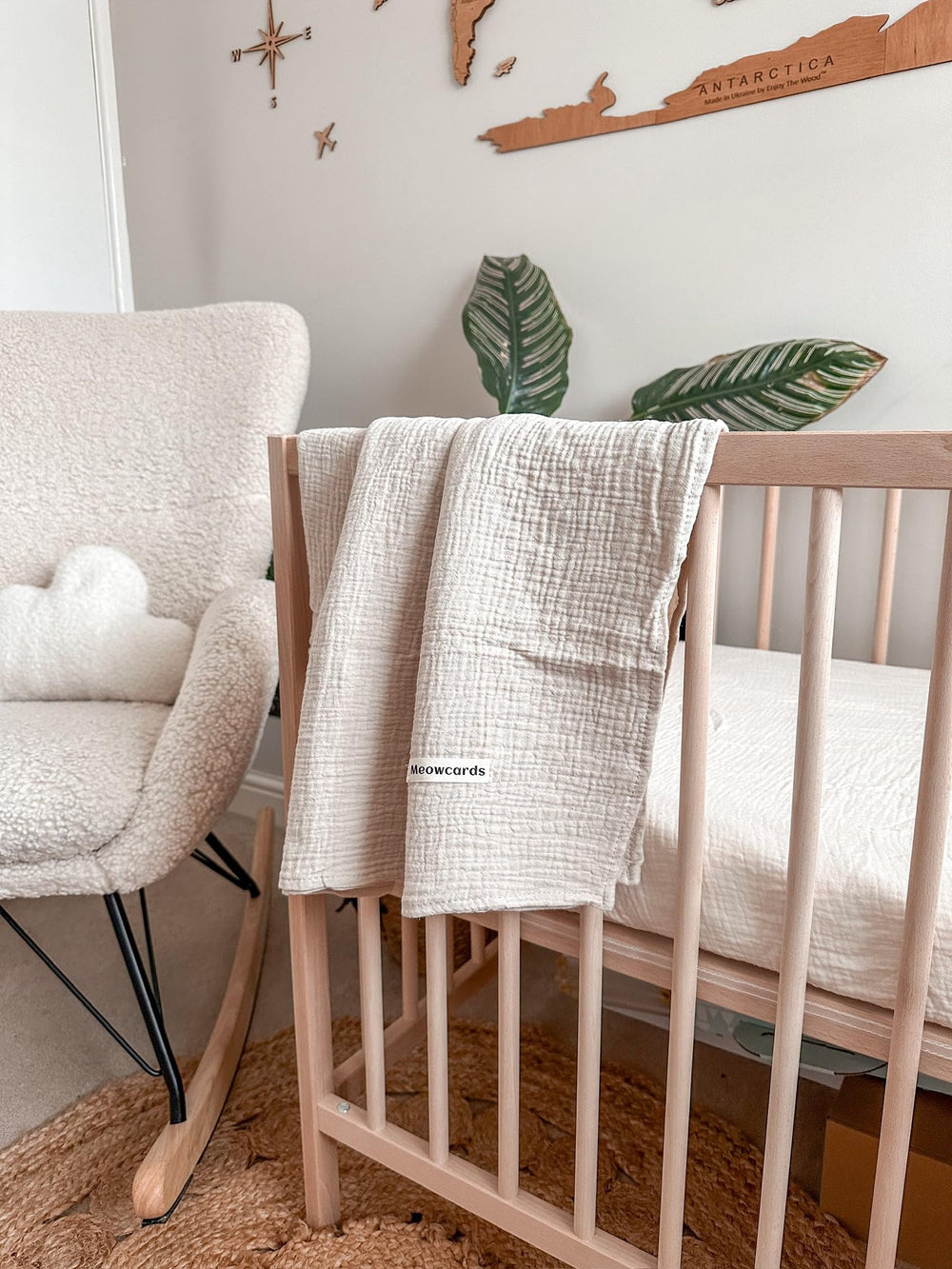 Meowcards bassinet sheet nursery style color options with Brick & Leaf decor