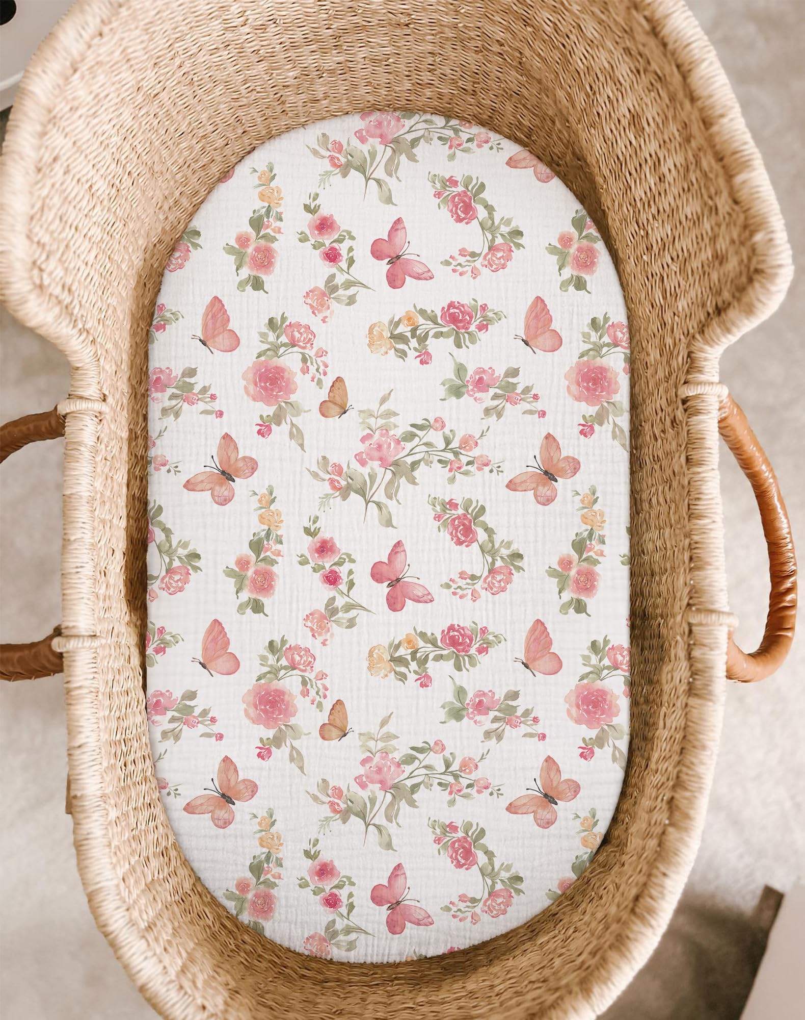Meowcards bassinet sheet rectangle-fit—secure elastic edge for a snug, safe bassinet.