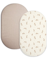 Meowcards bassinet sheet shows rectangle-oval-hourglass fit for secure bassinet sleeping surface.