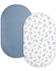 Meowcards bassinet sheets flatlay showing muslin fabric and Bluebell Bloom color for baby comfort