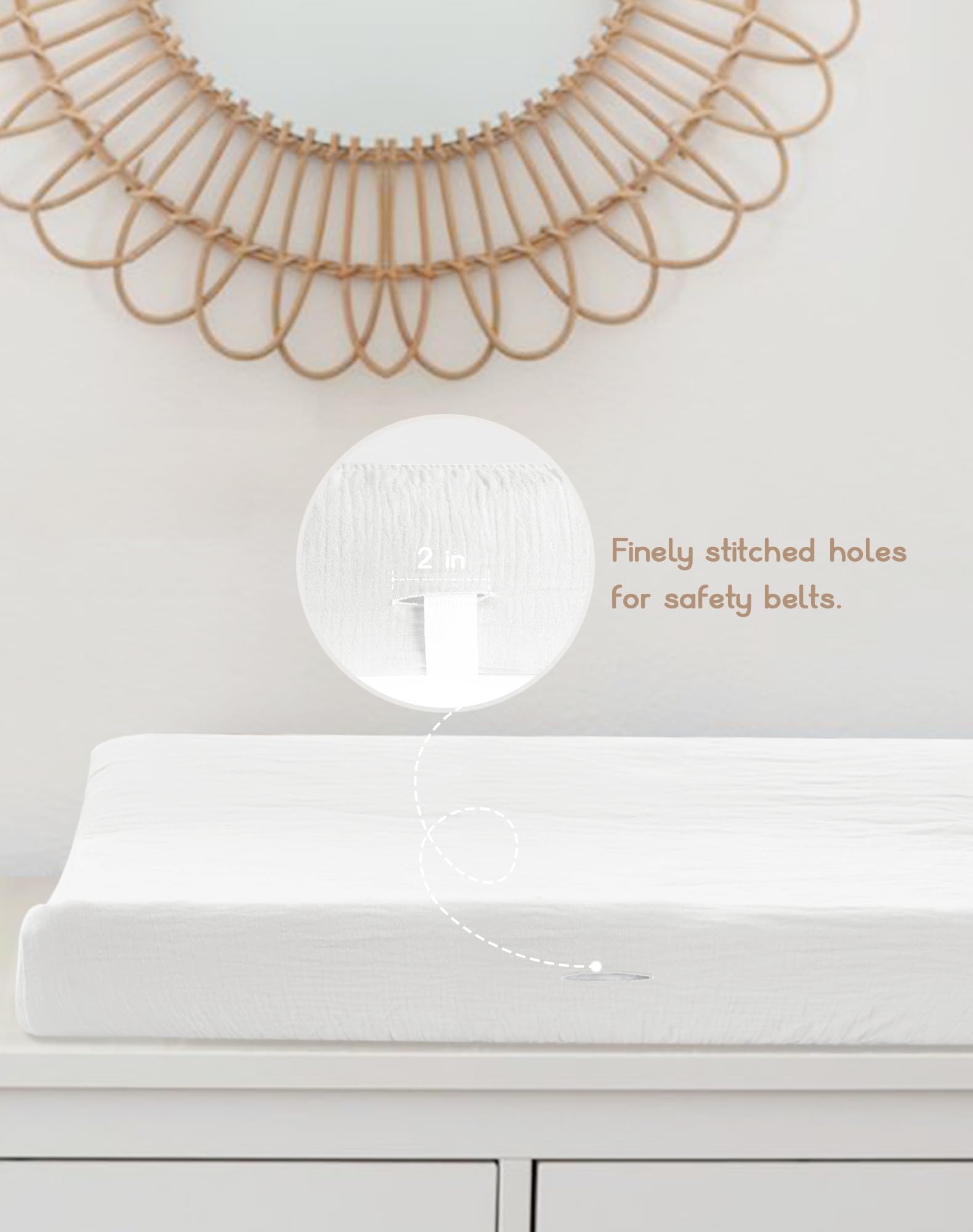 Meowcards changing pad cover elastic safety belt holes for secure fit.