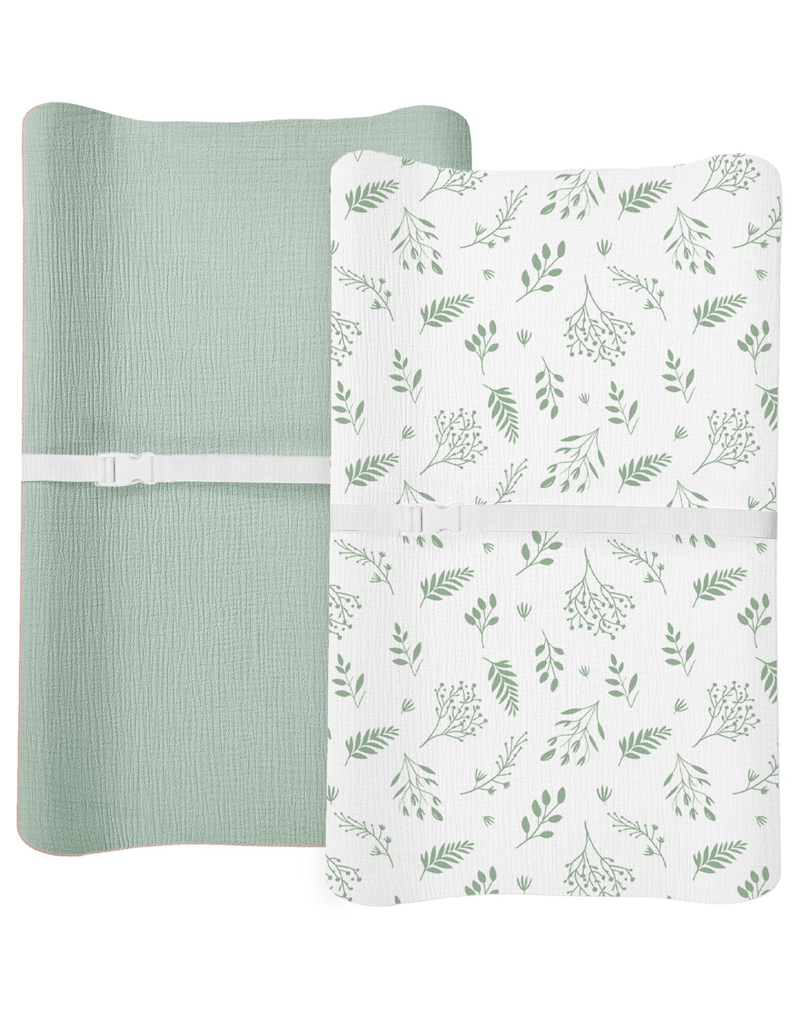 Meowcards changing pad cover fern leaf closeup shows soft breathable fabric for baby comfort.
