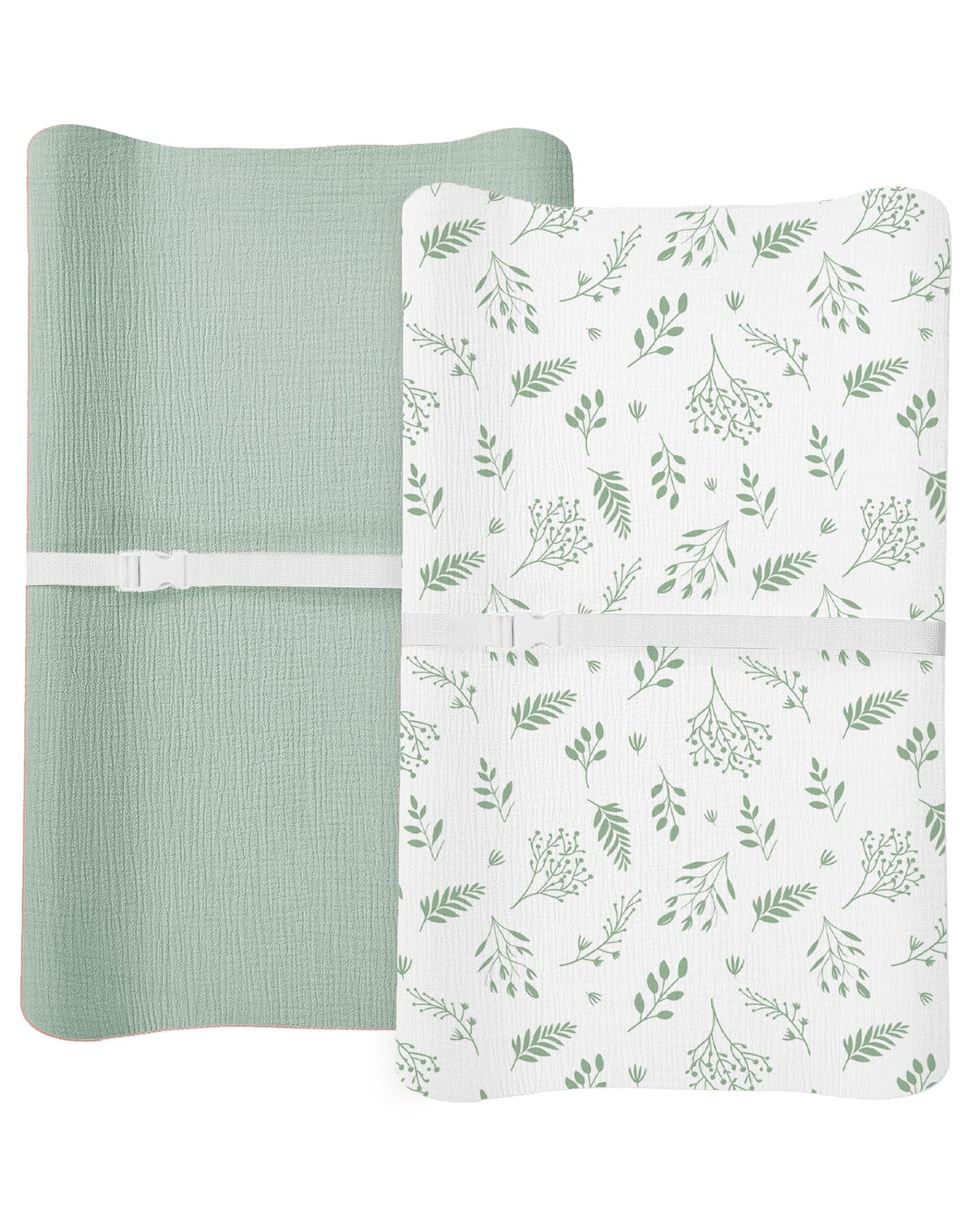 Meowcards changing pad cover fern leaf closeup shows soft breathable fabric for baby comfort.