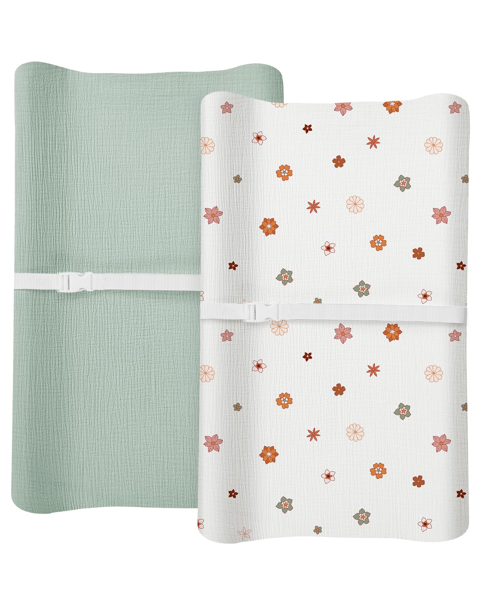 Meowcards changing pad cover in muslin sage flower closeup shows soft breathable fabric