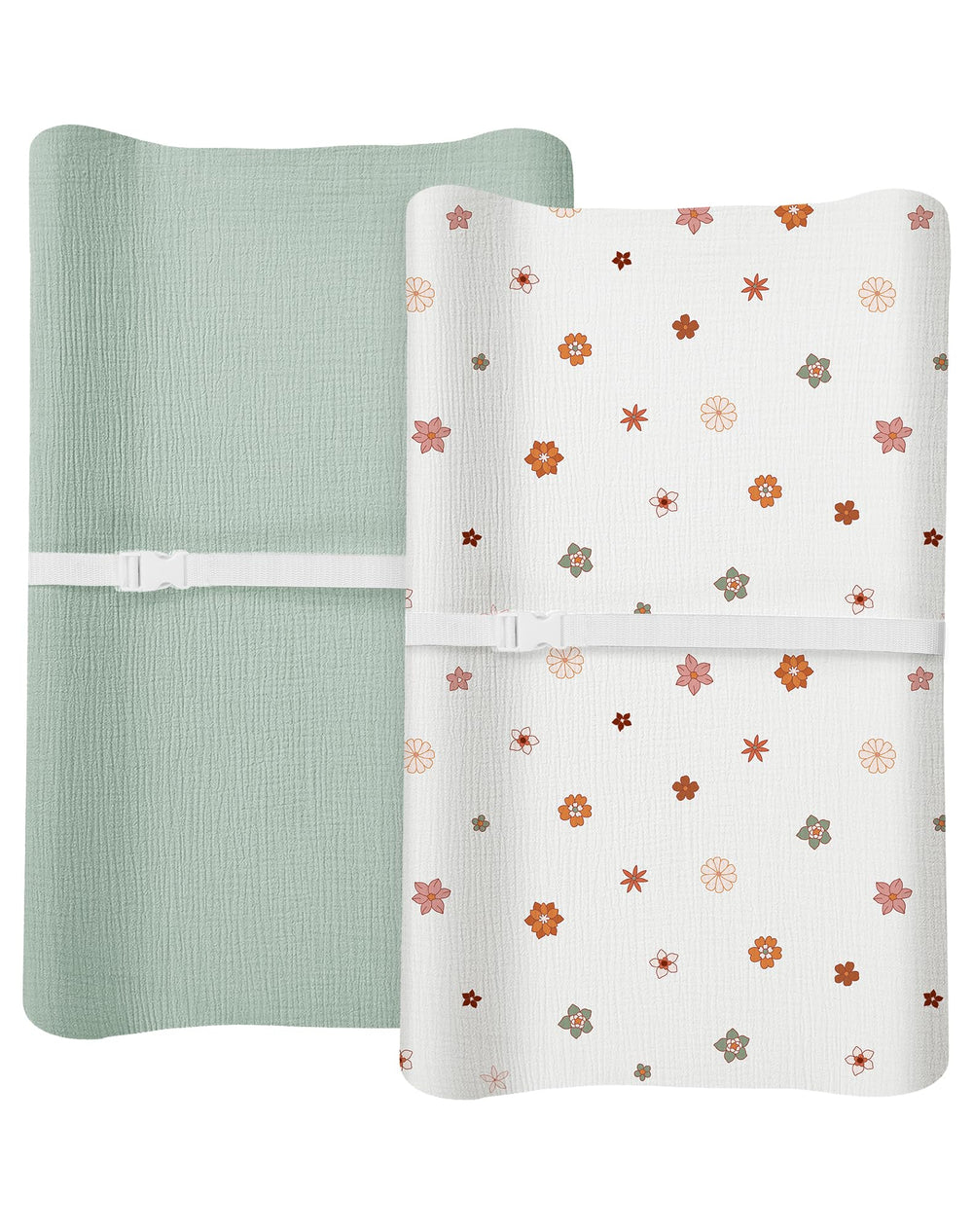 Meowcards changing pad cover in muslin sage flower closeup shows soft breathable fabric