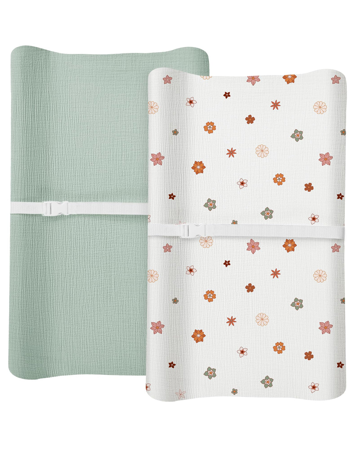 Meowcards changing pad cover in muslin sage flower closeup shows soft breathable fabric