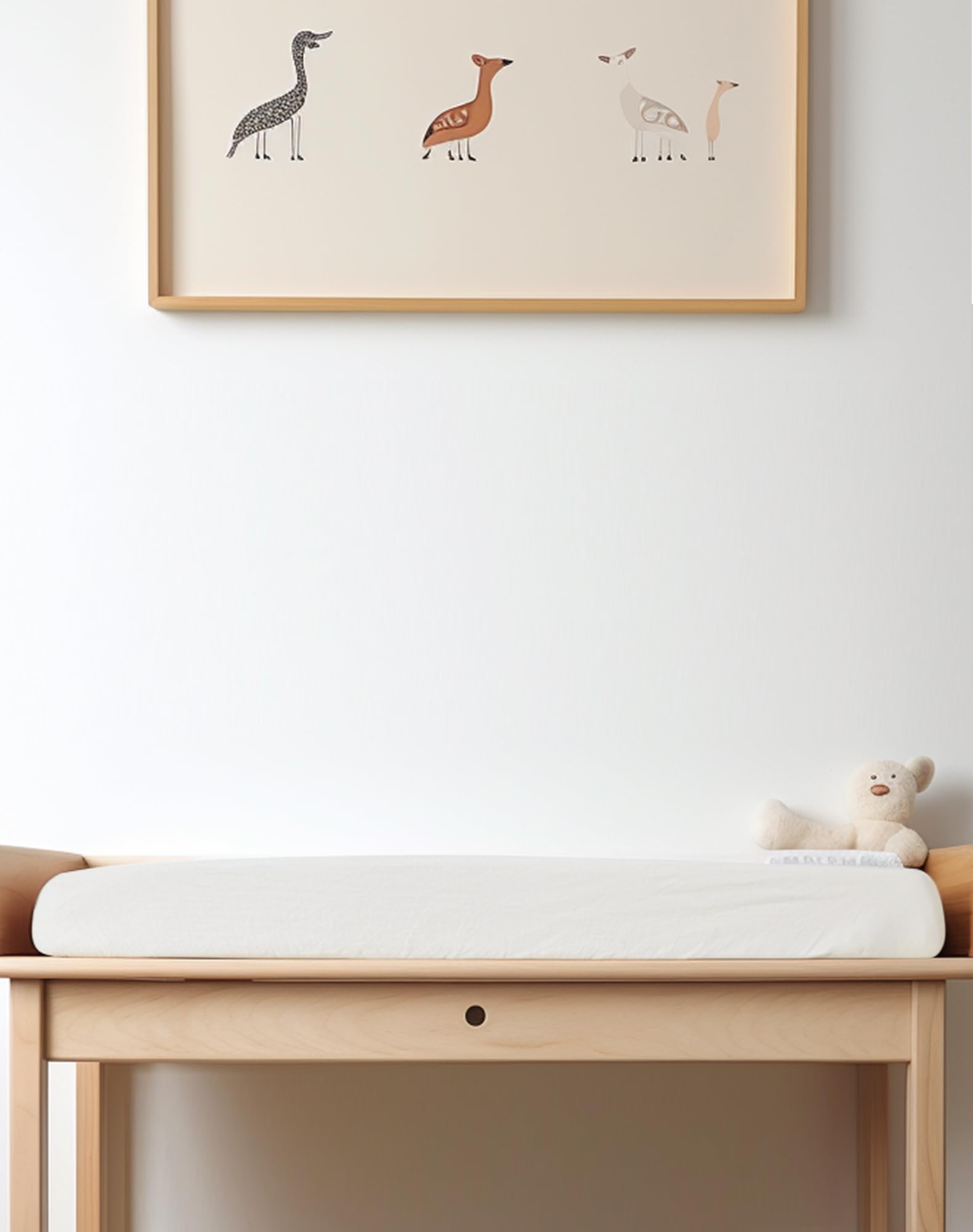 Meowcards changing pad cover neutral nursery decor complements white furniture.