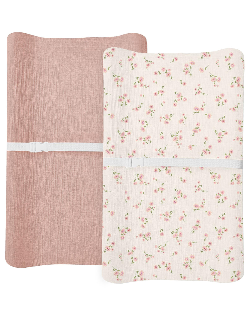 Meowcards Changing Pad Cover Rosy close-up shows soft muslin for gentle baby skin.