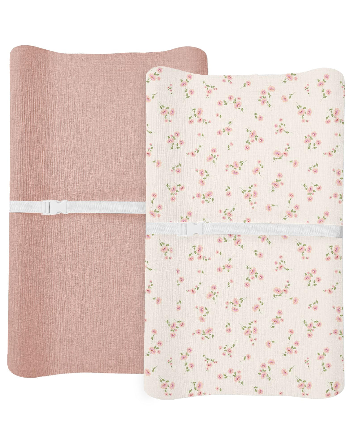 Meowcards Changing Pad Cover Rosy close-up shows soft muslin for gentle baby skin.