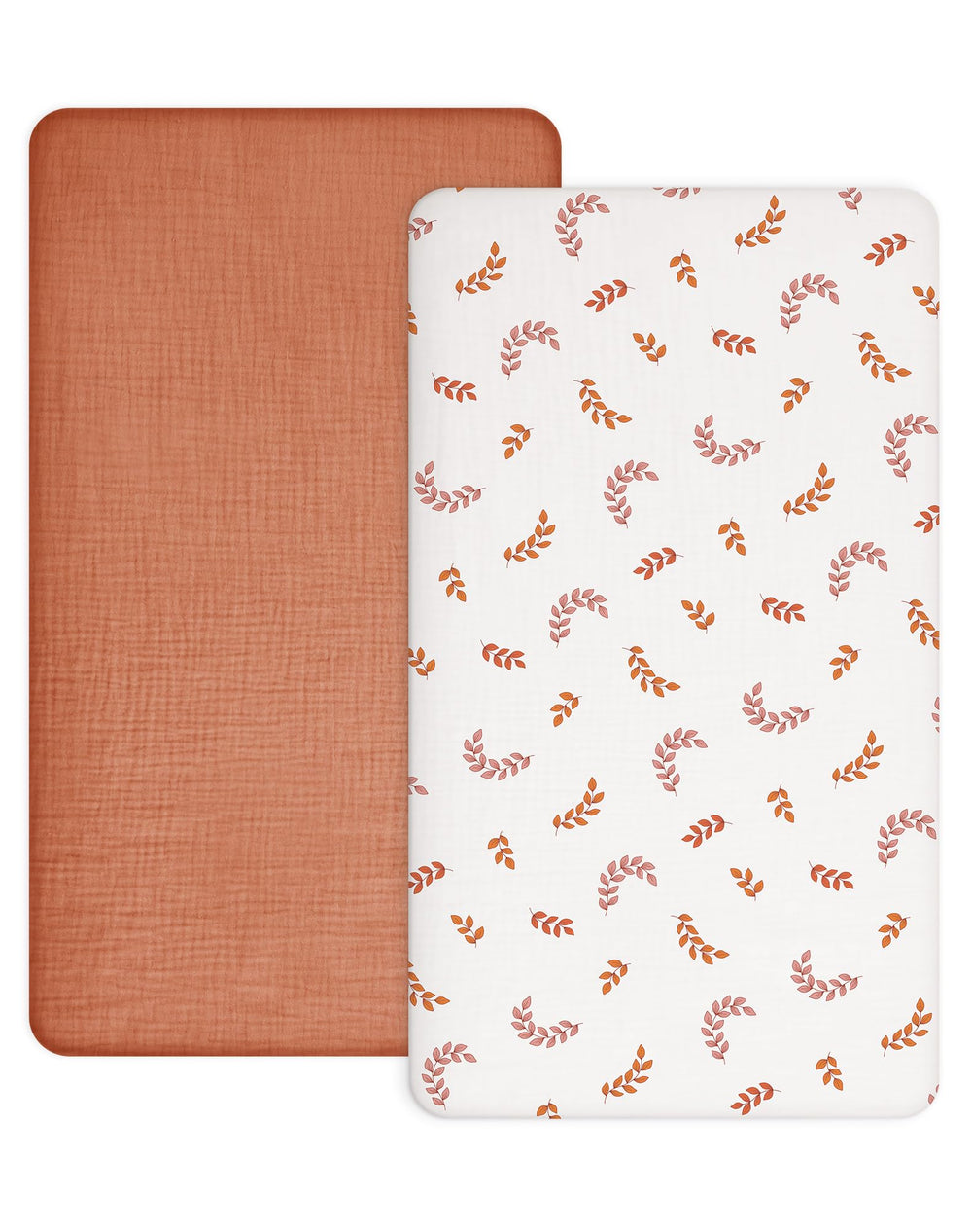 Meowcards crib sheets 2-pack folded, plush muslin for gentle sleep.