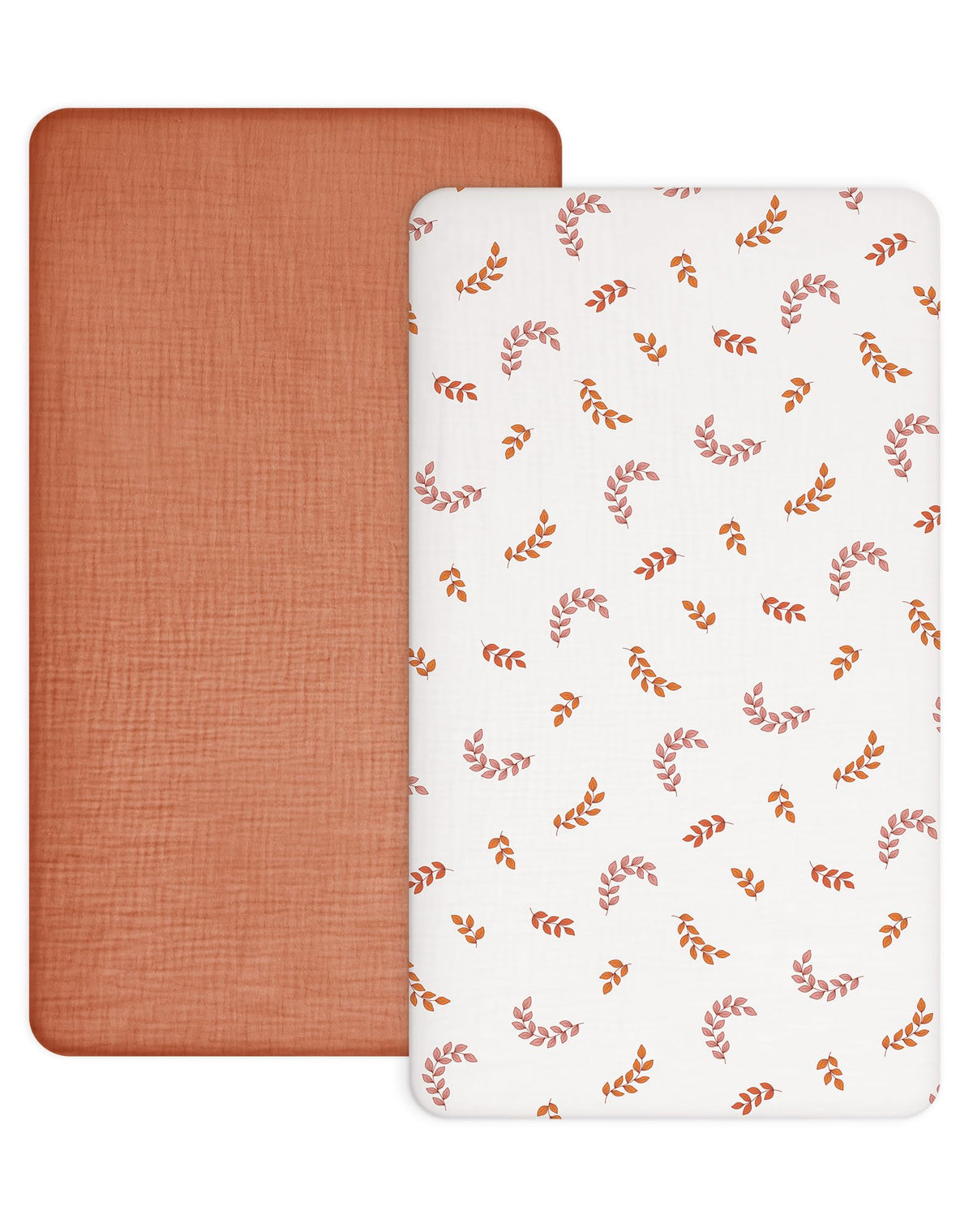 Meowcards crib sheets 2-pack folded, plush muslin for gentle sleep.