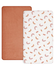Meowcards crib sheets 2-pack folded, plush muslin for gentle sleep.