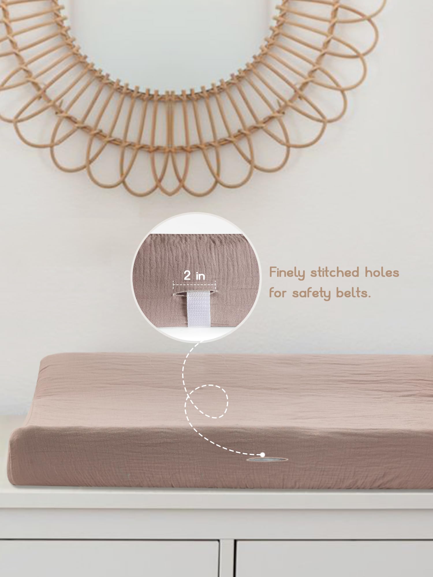 Meowcards dusty rose changing pad cover elastic edge keeps the cover snug during use.