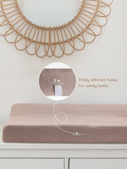 Meowcards dusty rose changing pad cover elastic edge keeps the cover snug during use.