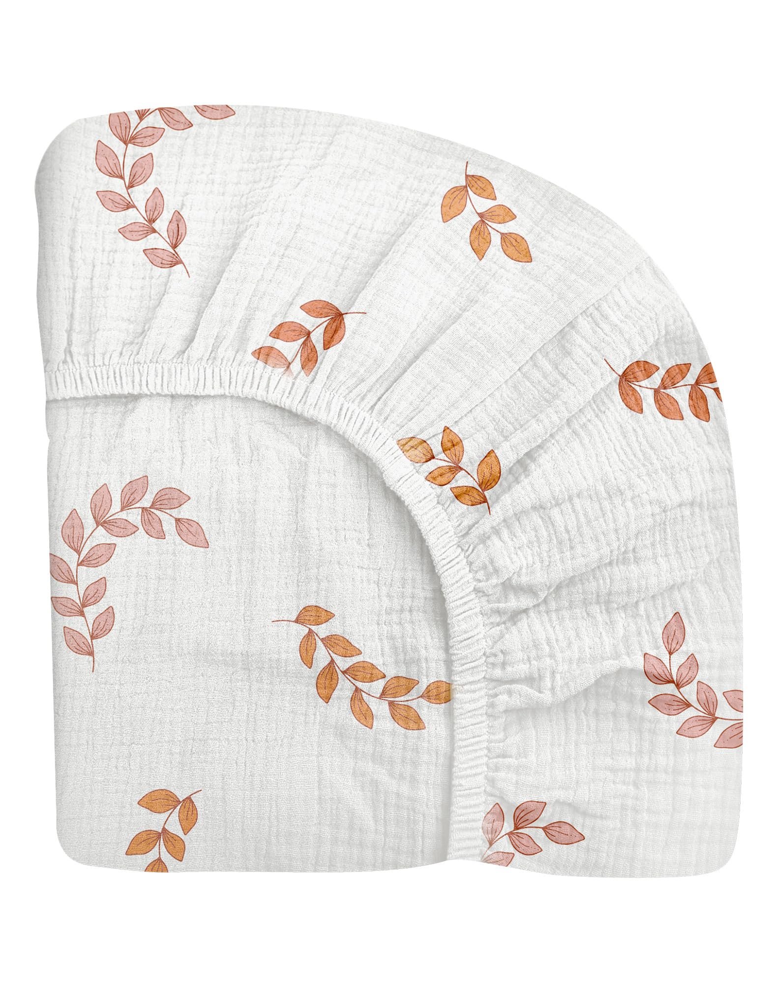 Meowcards leaf-pattern pack n play sheet closeup showing soft muslin texture for baby comfort