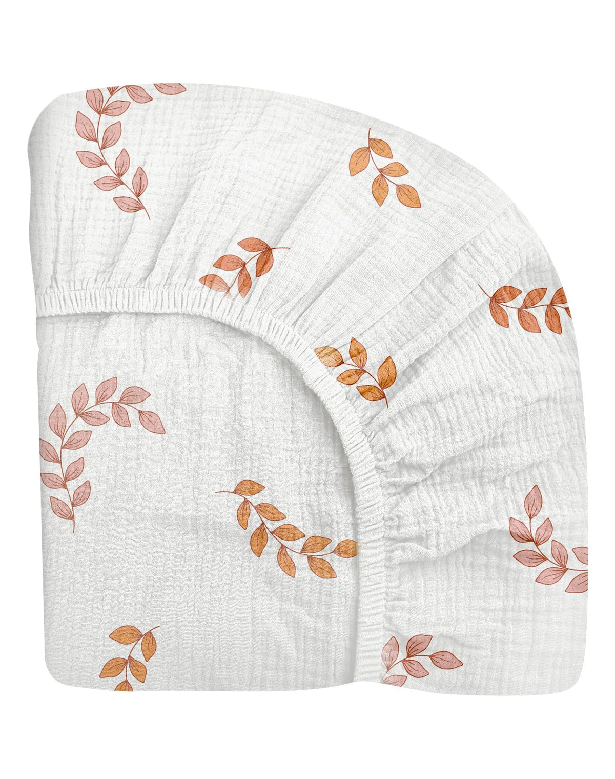Meowcards leaf-pattern pack n play sheet closeup showing soft muslin texture for baby comfort