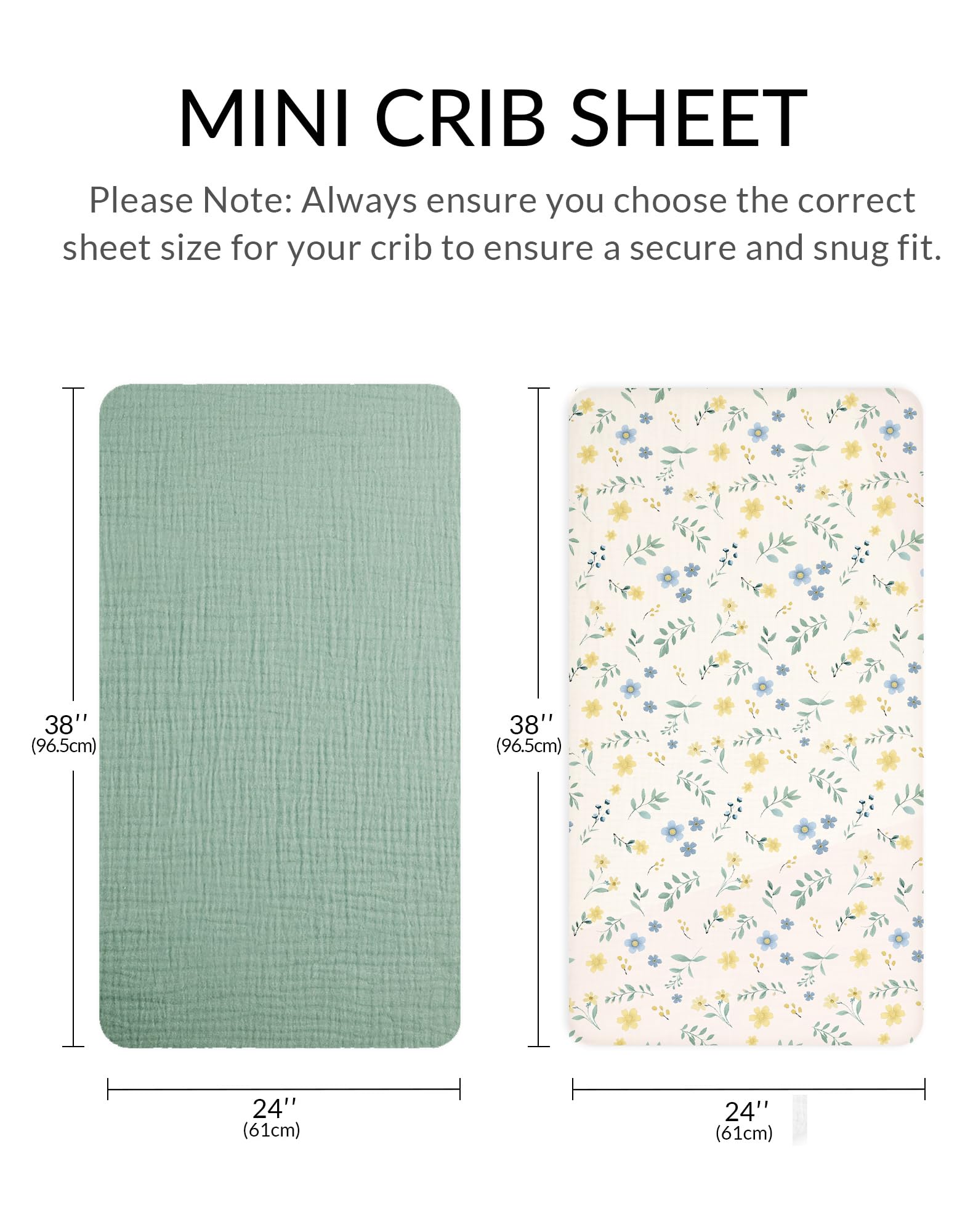 Meowcards mini crib sheet 24x38 showcases compatible dimensions for most mini cribs and playards