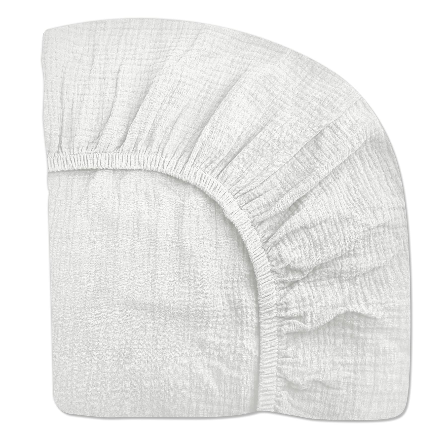 MeowCards mini crib sheet muslin close-up shows soft touch and breathable comfort.