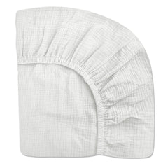 MeowCards mini crib sheet muslin close-up shows soft touch and breathable comfort.