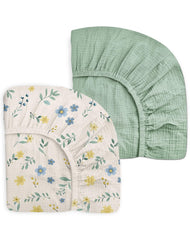 Meowcards mini crib sheet spring garden top view shows breathable muslin for baby comfort