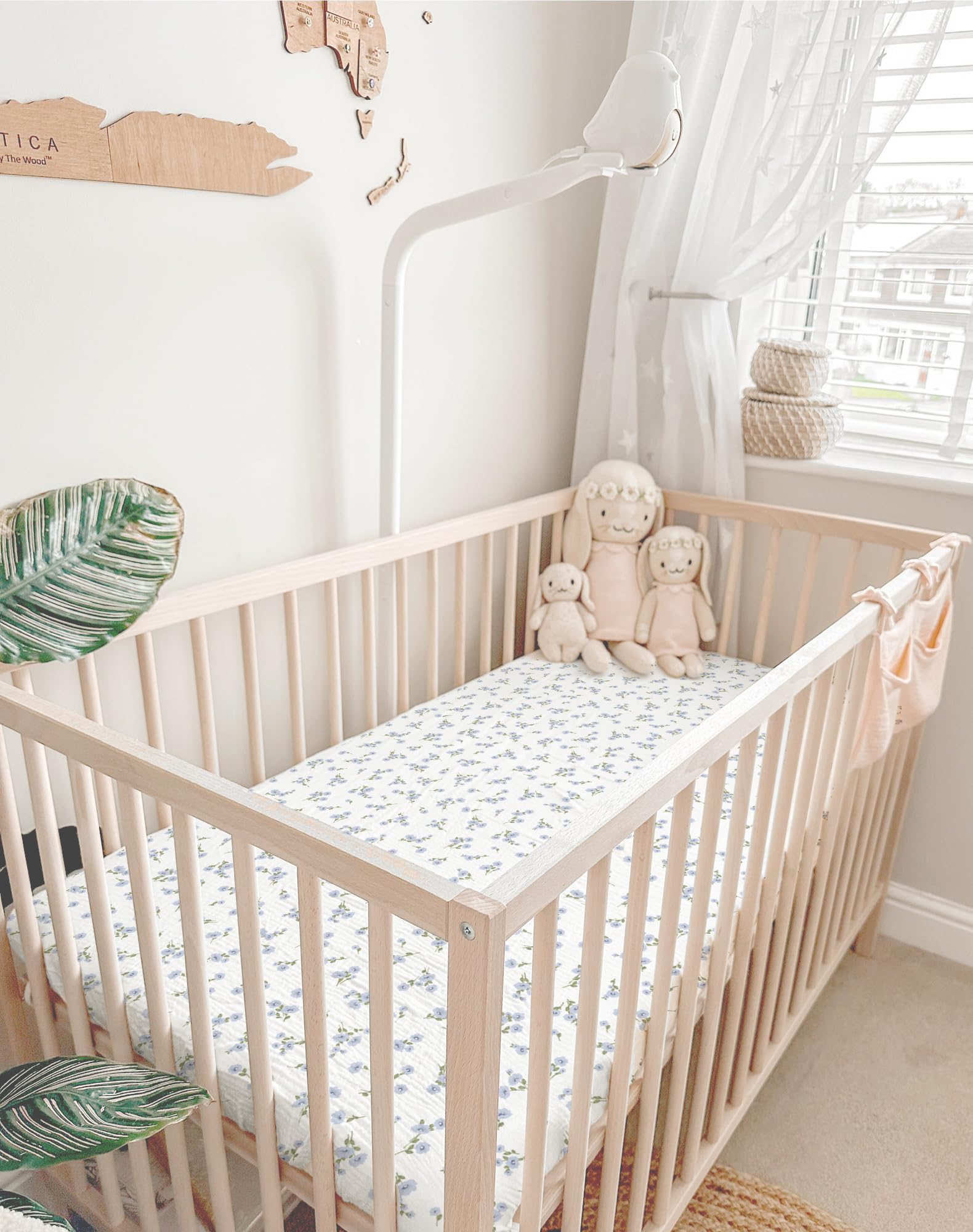 Meowcards mini crib sheets 24x38 size detail shows proper fit for portable cribs