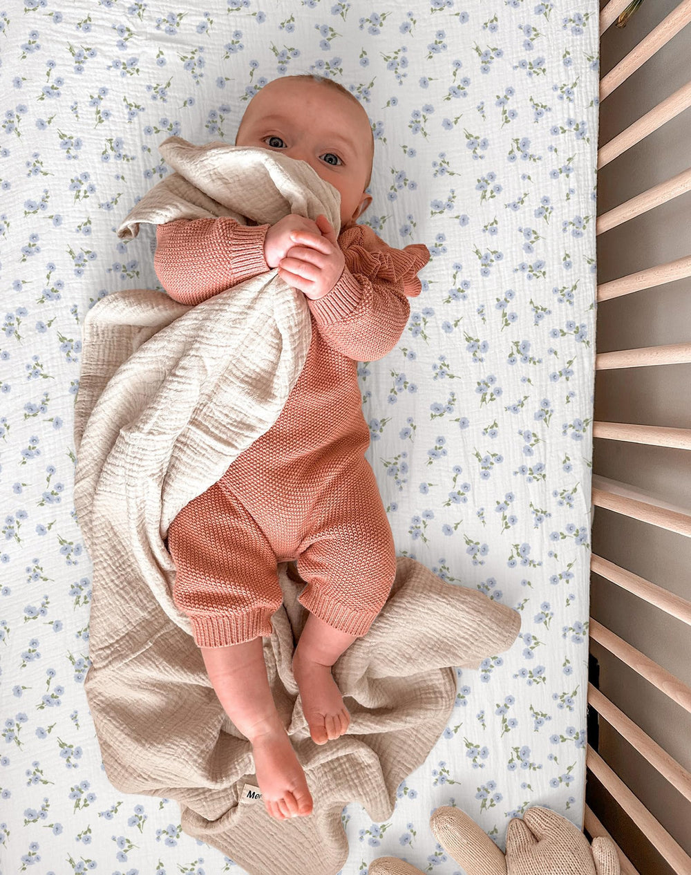 Meowcards mini crib sheets Bluebell Bloom and Light Blue color options fit neutral nursery decor