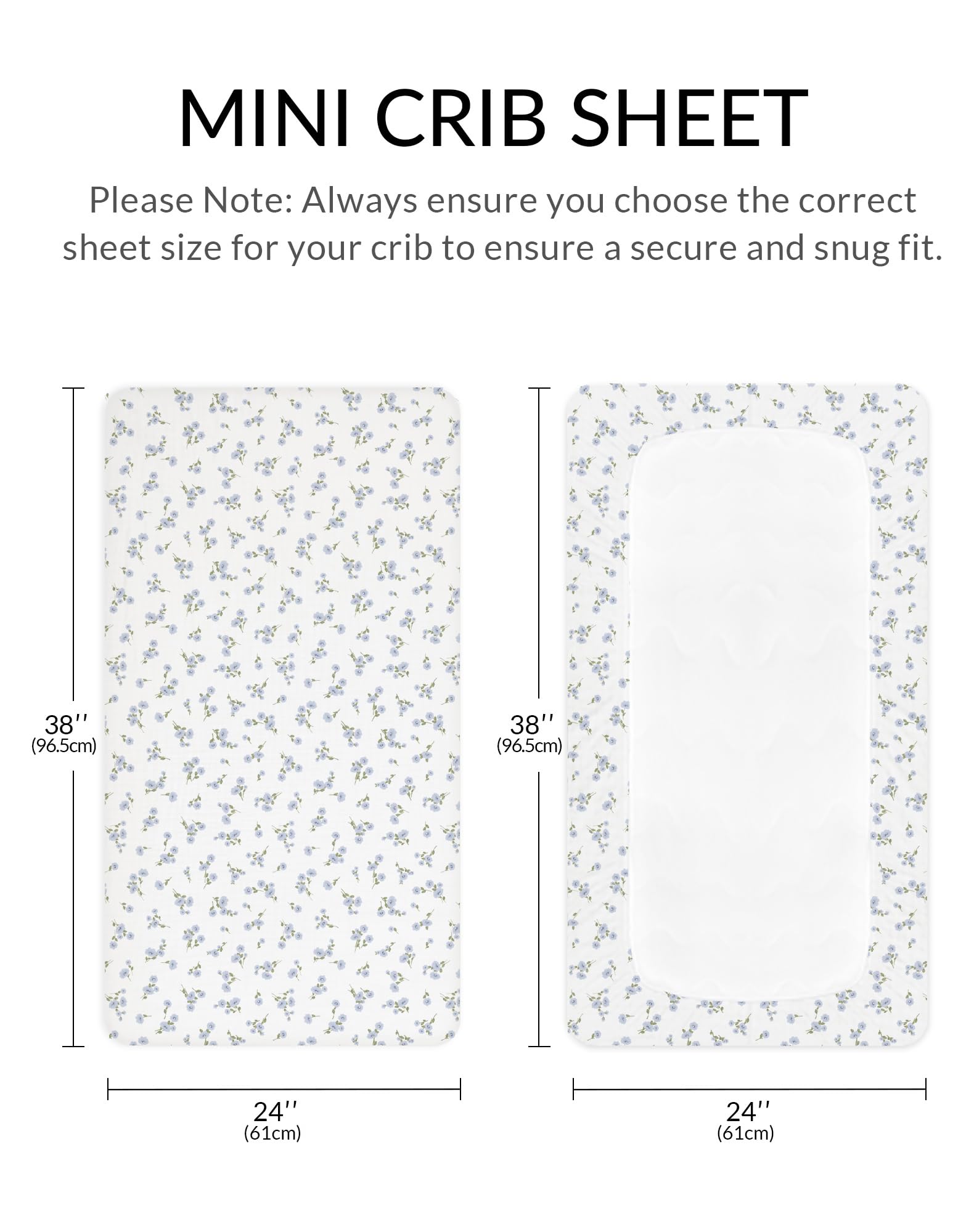 Meowcards mini crib sheets on a mini crib demonstrates secure fit for Pack and Play