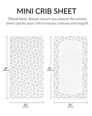 Meowcards mini crib sheets on a mini crib demonstrates secure fit for Pack and Play