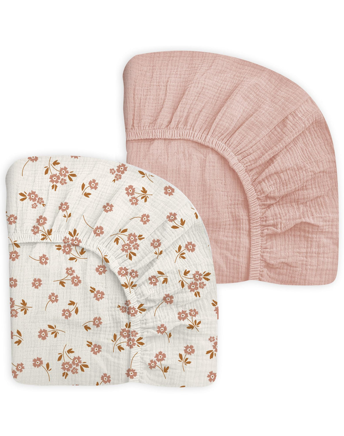 Meowcards mini crib sheets floral pink closeup reveals soft muslin cotton for gentle sleep.