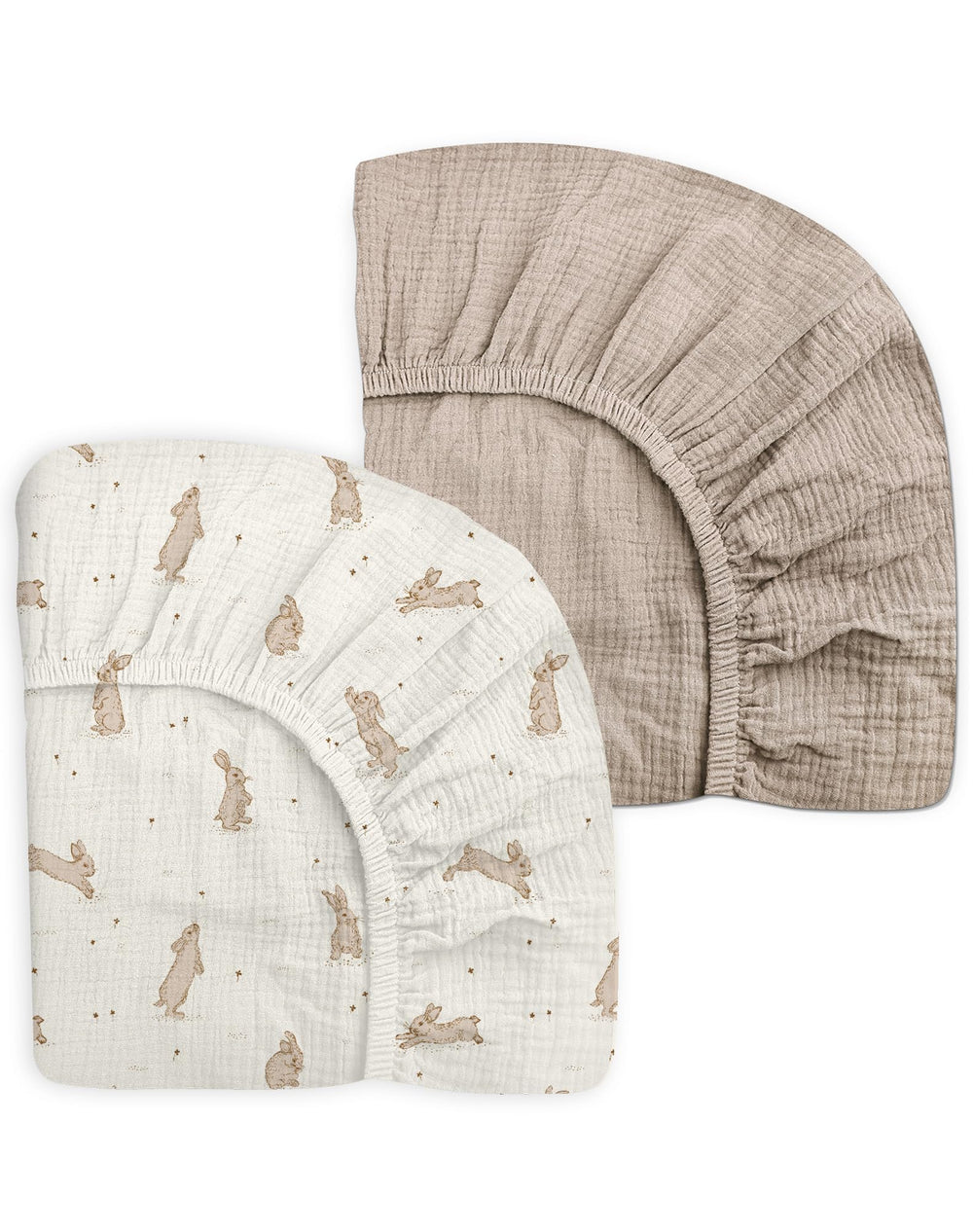 meowcards mini crib sheets hopping bunnies beige front view highlights soft muslin comfort for baby sleep