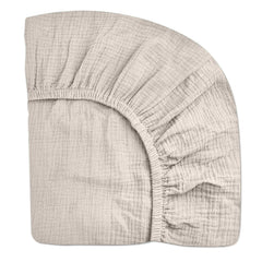 Meowcards mini crib sheets beige close-up of soft muslin texture for baby comfort