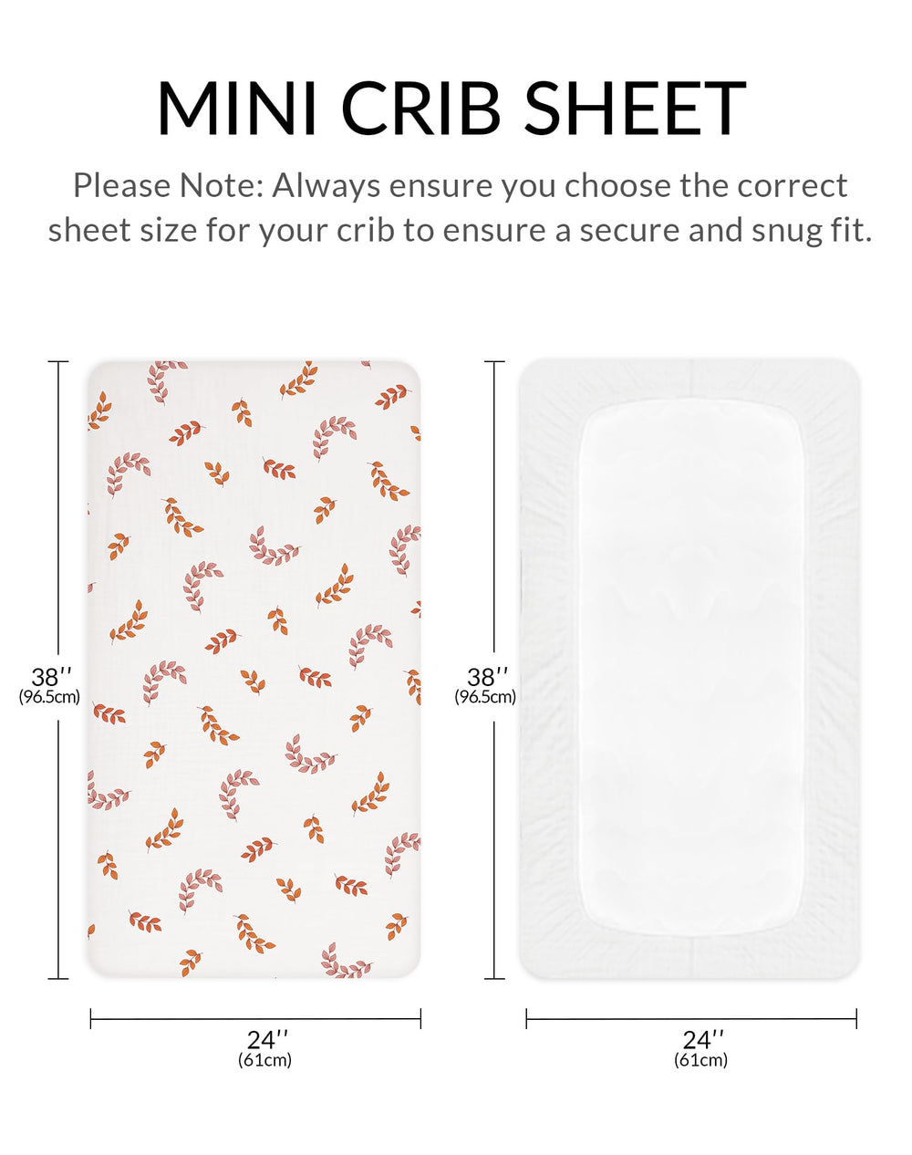 Meowcards mini crib sheets pack-and-play fit image confirms 24x38 sizing.
