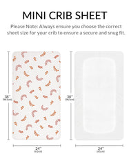Meowcards mini crib sheets pack-and-play fit image confirms 24x38 sizing.
