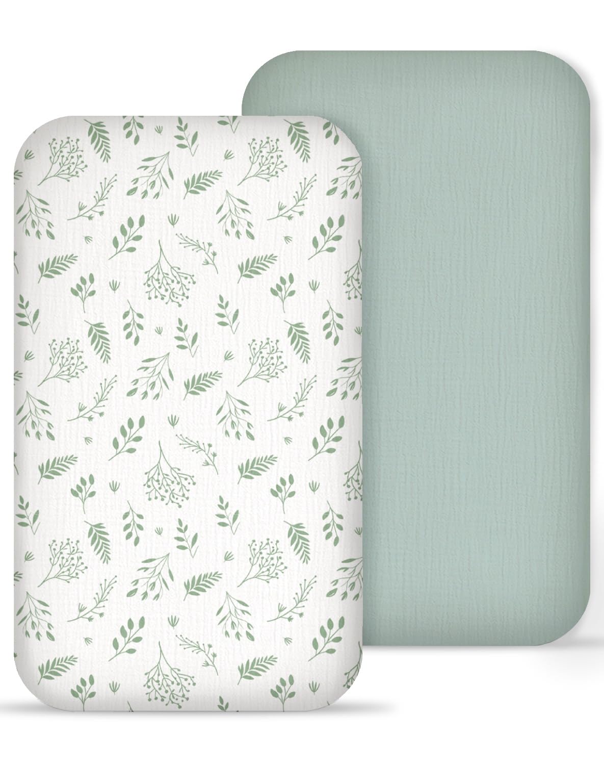 Meowcards muslin bedside bassinet sheets in fern leaf pattern offer breathable comfort for newborn naps.