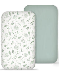 Meowcards muslin bedside bassinet sheets in fern leaf pattern offer breathable comfort for newborn naps.