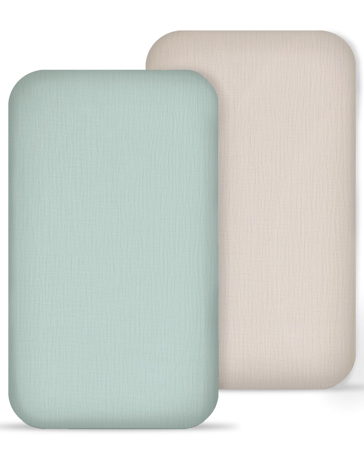 Meowcards muslin bedside sheet in beige and sage shows calming, breathable newborn comfort.