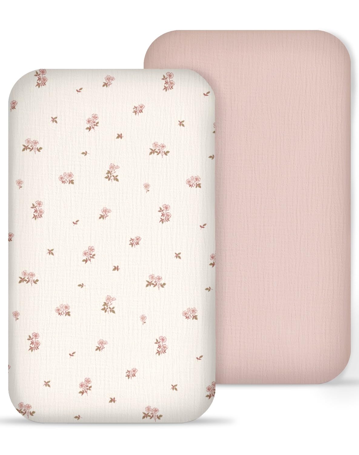 Meowcards muslin bedside sheets in Vintage Blossom pink pattern for a calming nursery.