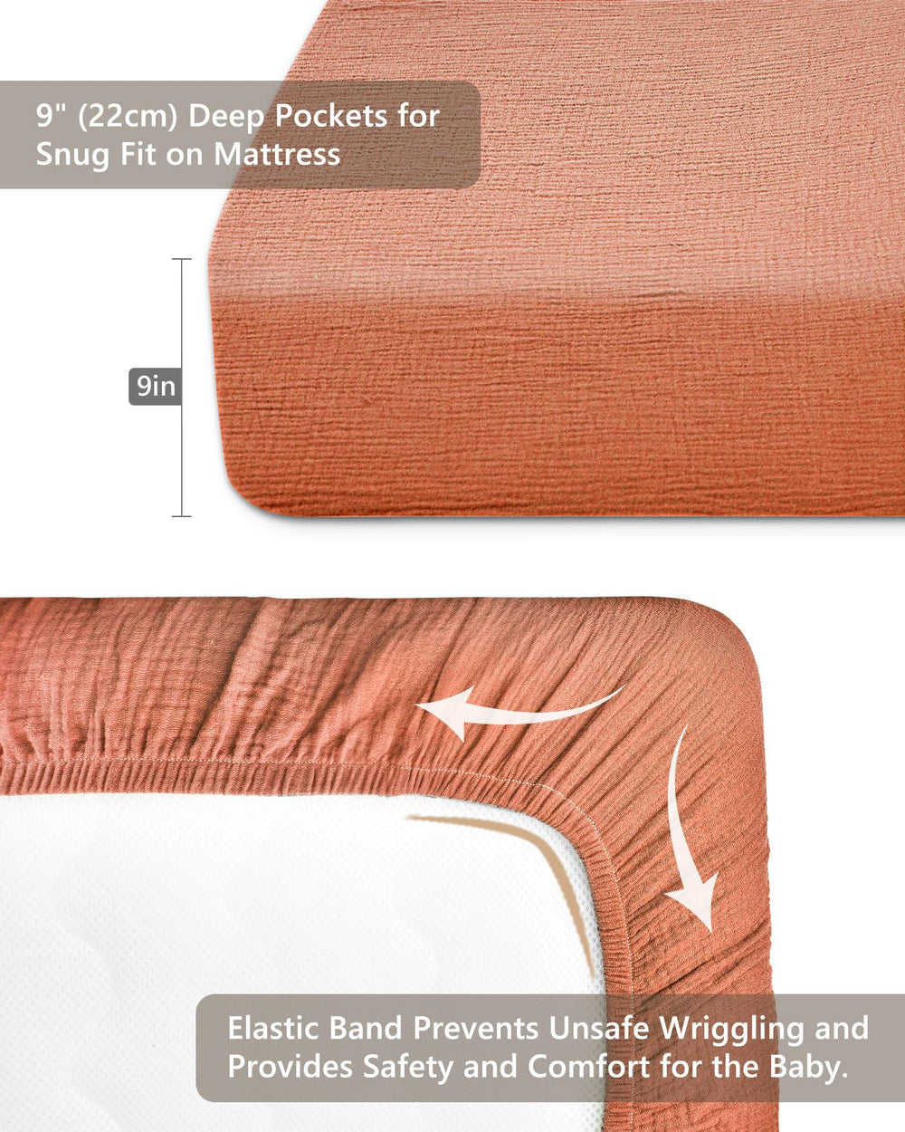 Meowcards muslin crib sheet brick leaf closeup breathable fabric texture.