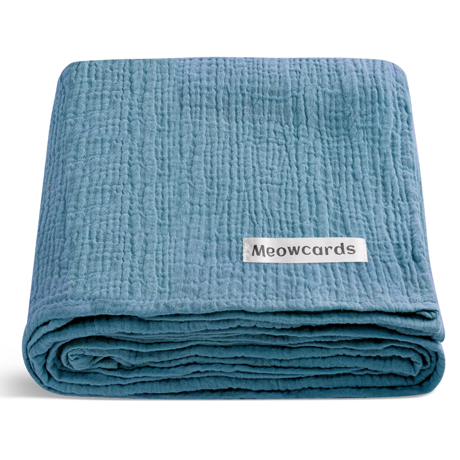Meowcards muslin swaddle blanket blue flatlay showcases soft fabric for newborn snuggles.