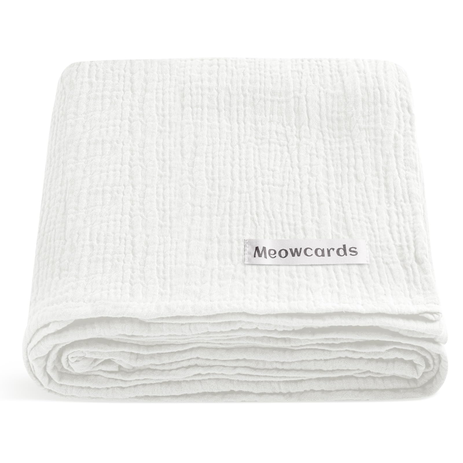 Meowcards muslin swaddle blanket white flat lay highlights breathable, ultra-soft fabric
