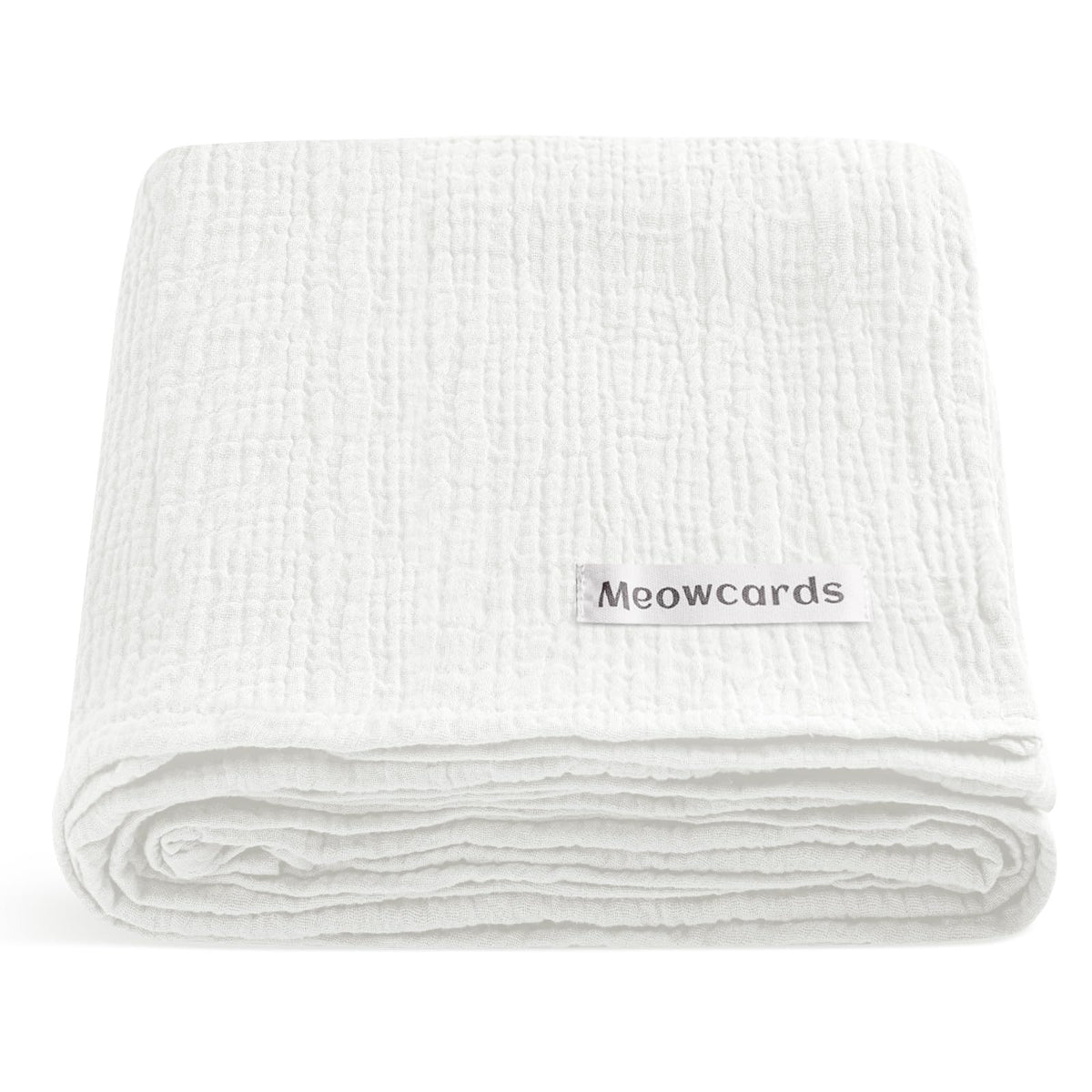 Meowcards muslin swaddle blanket white flat lay highlights breathable, ultra-soft fabric