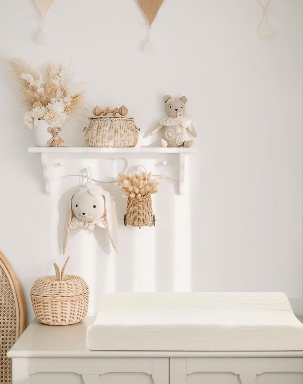 Meowcards nursery decor boho-neutral cover adds calm vibes to nursery.