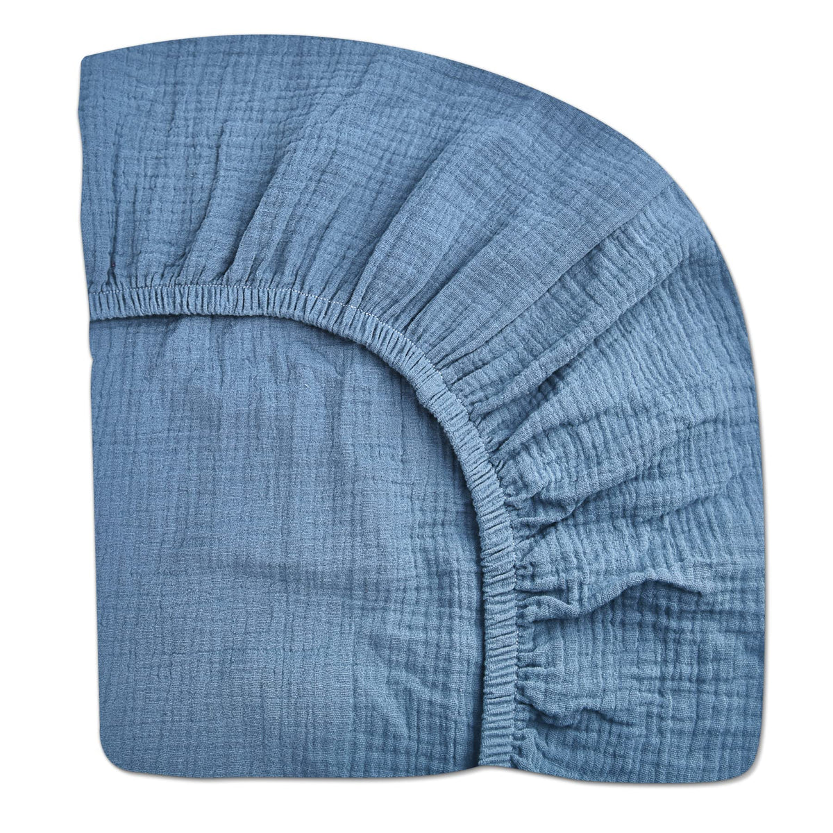 Meowcards pack n play sheet blue closeup highlighting soft muslin texture for gentle sleep.