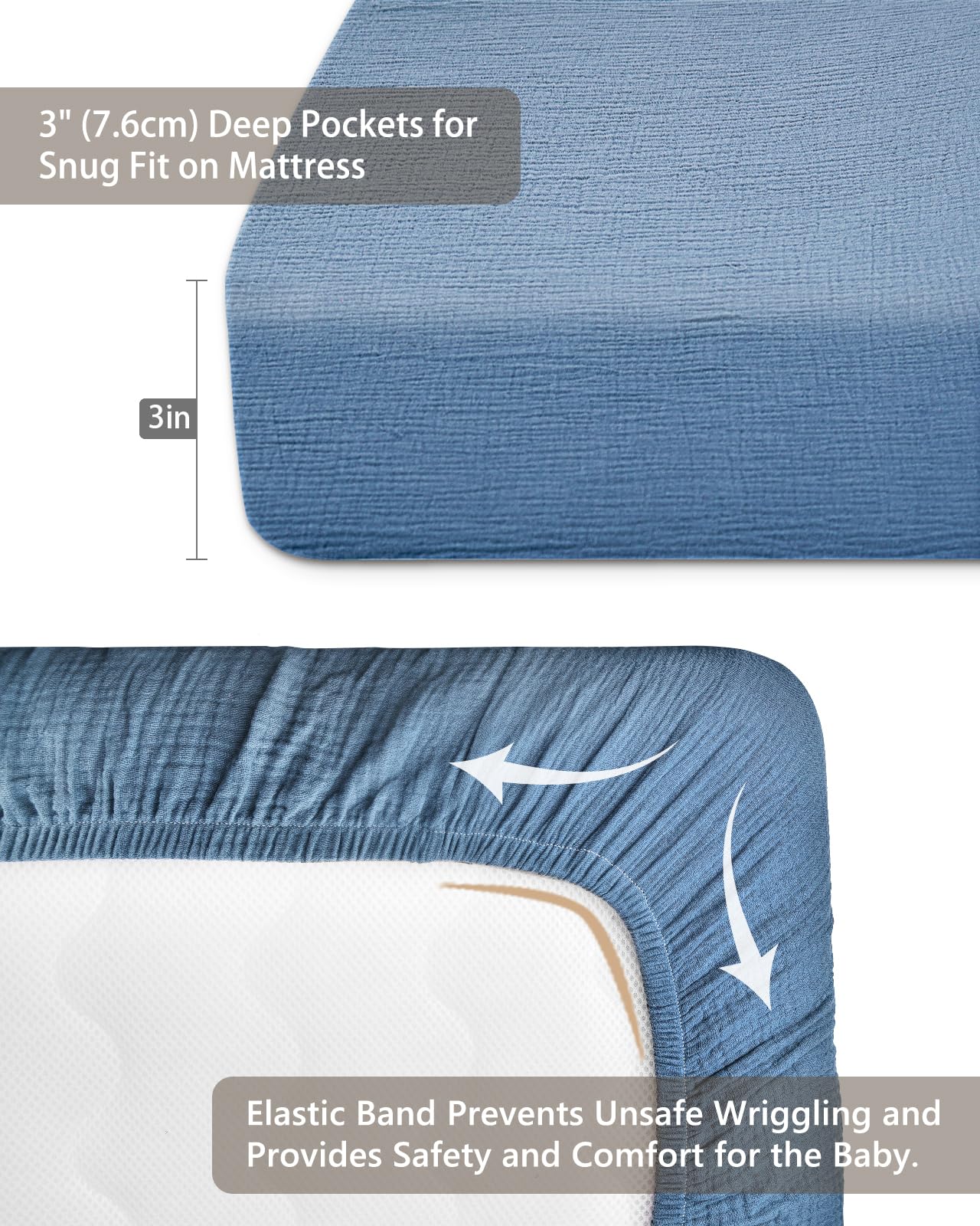 Meowcards blue flatlay pack n play sheet showing roomy 39x27x3 fit and cozy feel.