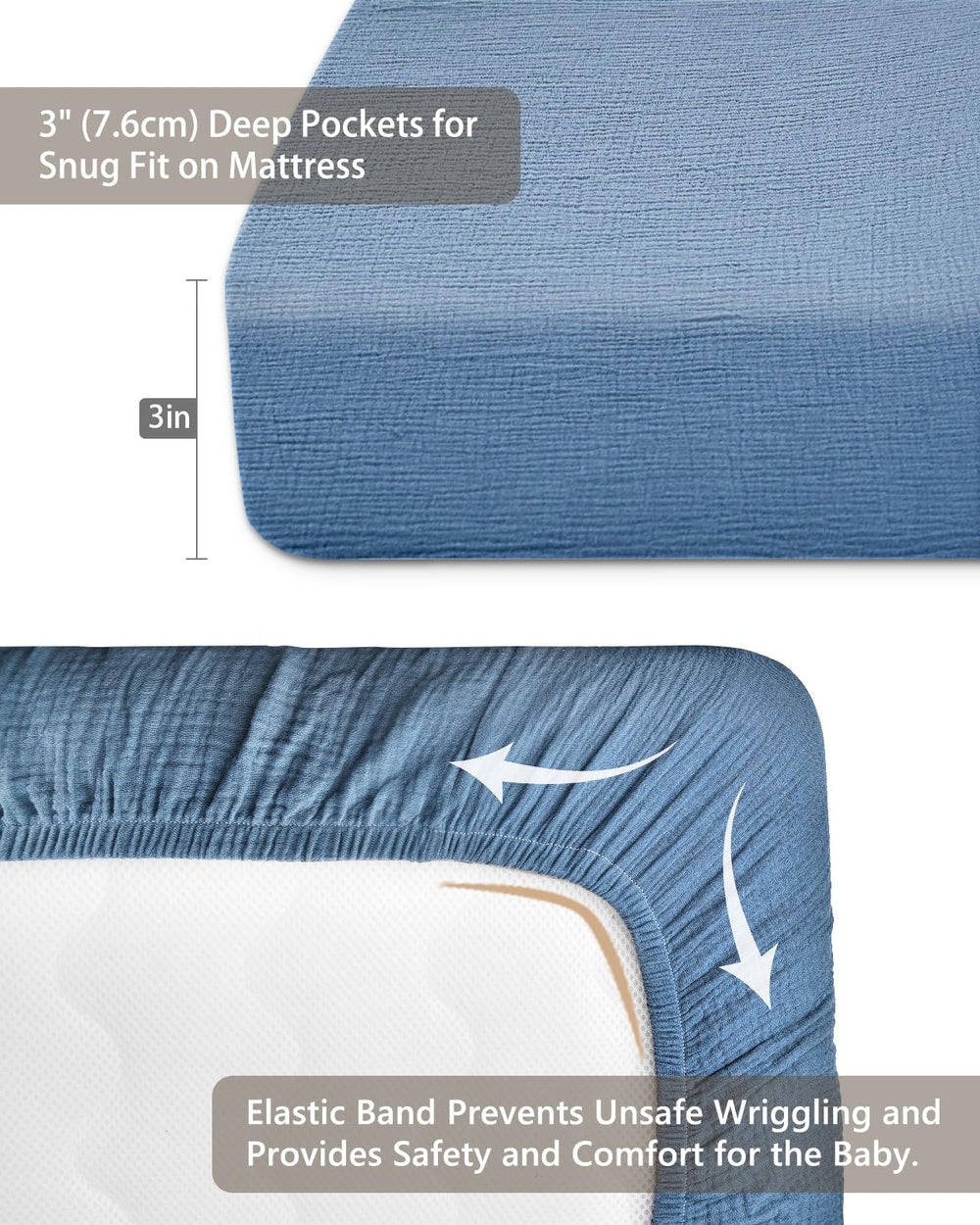 Meowcards blue flatlay pack n play sheet showing roomy 39x27x3 fit and cozy feel.