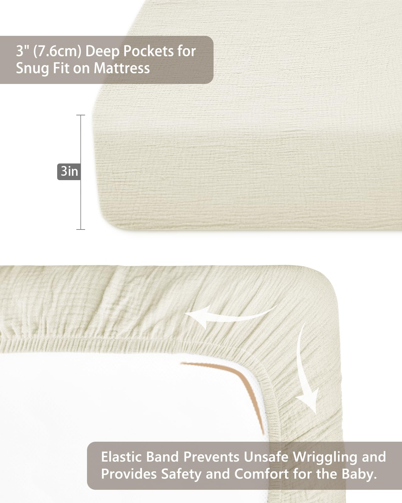 Meowcards pack-n-play sheet cream on mattress showing secure fit