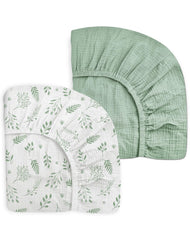 Meowcards Pack-n-Play Sheet Fern Leaf Sage closeup shows soft muslin texture for baby comfort